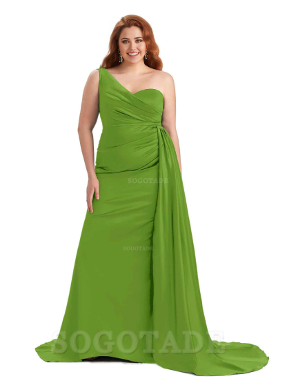 Sexy One Shoulder Sleeveless Mermaid Soft Satin Long Plus Size With Train Bridesmaid Gowns