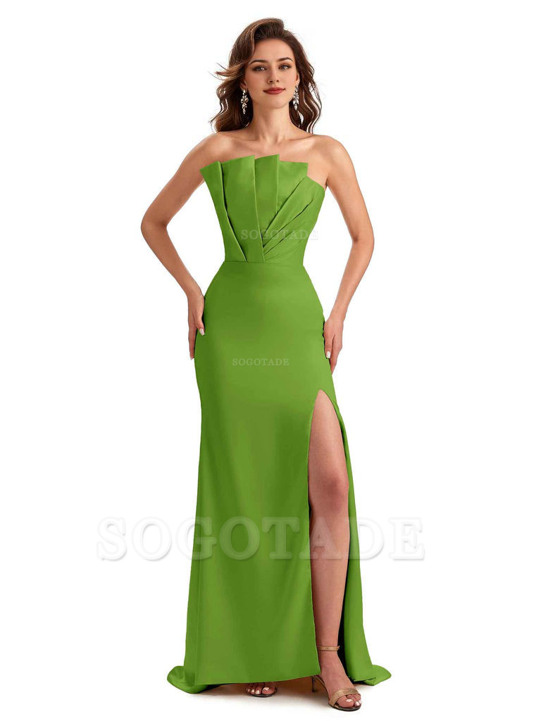 Unique Soft Satin Side Slit Asymmetrical Neckline Mermaid Long Bridesmaid Dresses