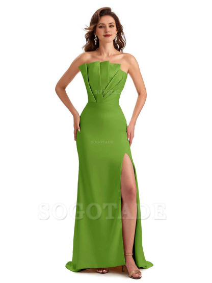 Unique Soft Satin Side Slit Asymmetrical Neckline Mermaid Long Bridesmaid Dresses