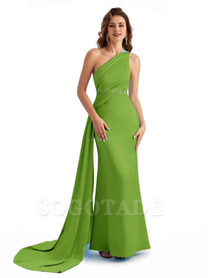 Sexy Mermaid Silky Satin One Shoulder Lace See Through Long Bridesmaid Dresses Online