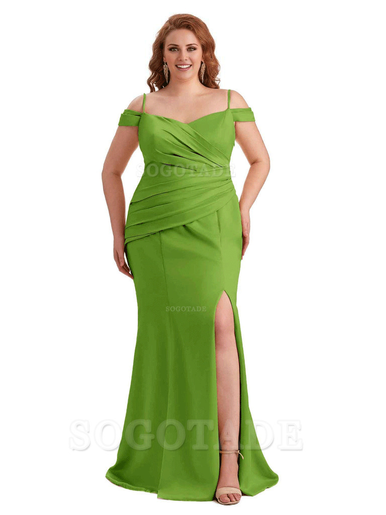 Elegant Cold Shoulder Side Slit Mermaid Soft Satin Long Plus Size Bridesmaid Gowns