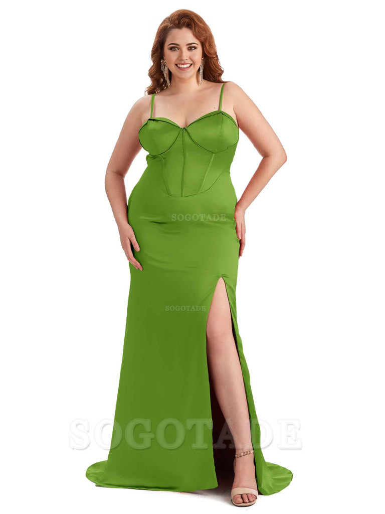 Sexy Spaghetti Straps Side Slit Sleeveless Mermaid Soft Satin Long Bridesmaid Dress Plus Size Dress To Wear to a Wedding