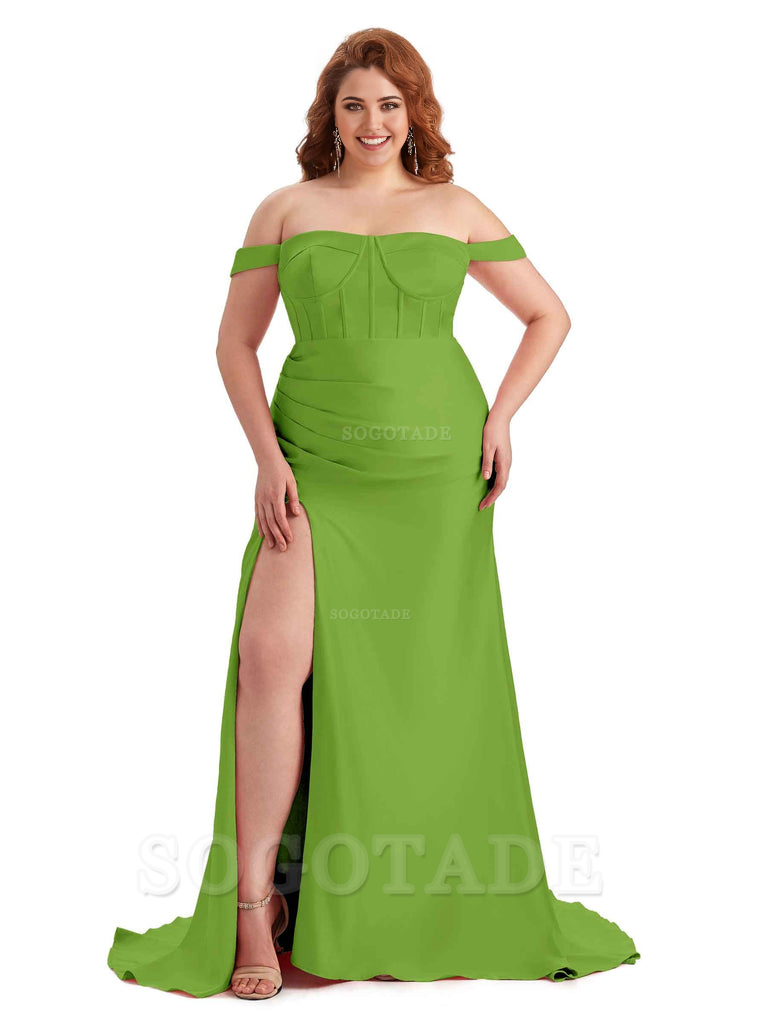 Elegant Off The Shoulder Side Slit Mermaid Soft Satin Floor Length Long Plus Size Bridesmaid Gowns