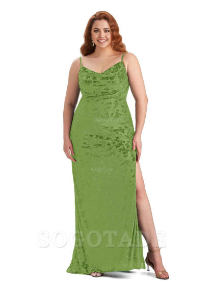 Sexy Side Slit Spaghetti Straps Mermaid Floral Velvet Long Plus Size Bridesmaid Dresses For Wedding
