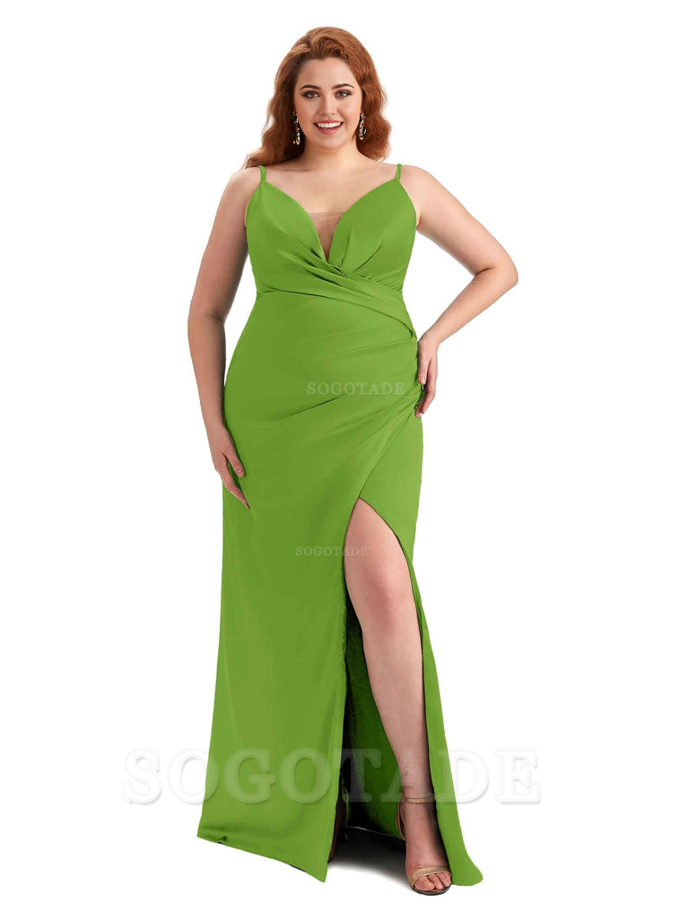 Sexy Side Slit Spaghetti Straps Sleeveless Mermaid V-neck Soft Satin Long Plus Size Bridesmaid Dress For Wedding