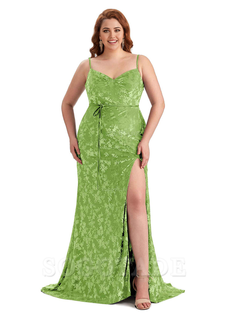 Sexy Side Hight Split Sleeveless Mermaid Spaghetti Straps Floral Velvet Long Plus Size Bridesmaid Gowns