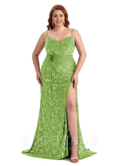 Sexy Side Hight Split Sleeveless Mermaid Spaghetti Straps Floral Velvet Long Plus Size Bridesmaid Gowns