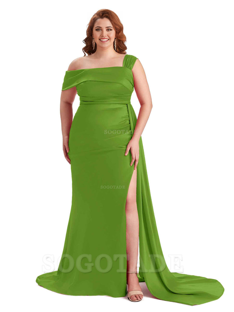 Sexy Side Hight Slit One Shoulder Mermaid Soft Satin Long Plus Size With Train Matron of Honor Dresses
