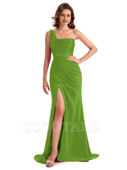 Sexy One Shoulder Side Slit Silky Satin Chic Long Mermaid Trumpet Bridesmaid Dress