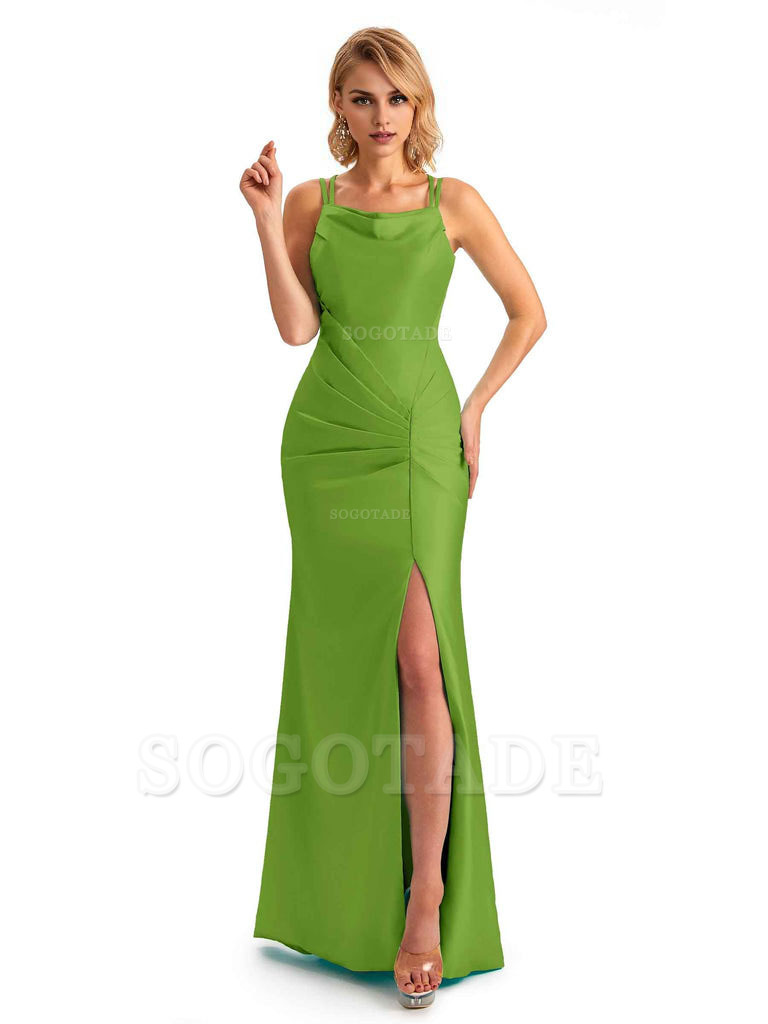 Soft Satin Spaghetti Straps Side Slit Long Unique Mermaid Beautiful Dresses For Wedding