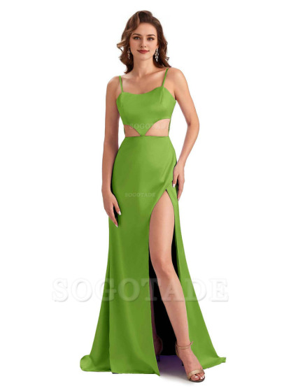 Sexy Satin Side Slit Spaghetti Straps Mermaid Long Unique Curve Wedding Guest Dresses