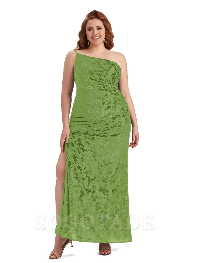 Sexy Mermaid Sleeveless One Shoulder Side Slit Floral Velvet Long Plus Size Bridesmaid Dresses