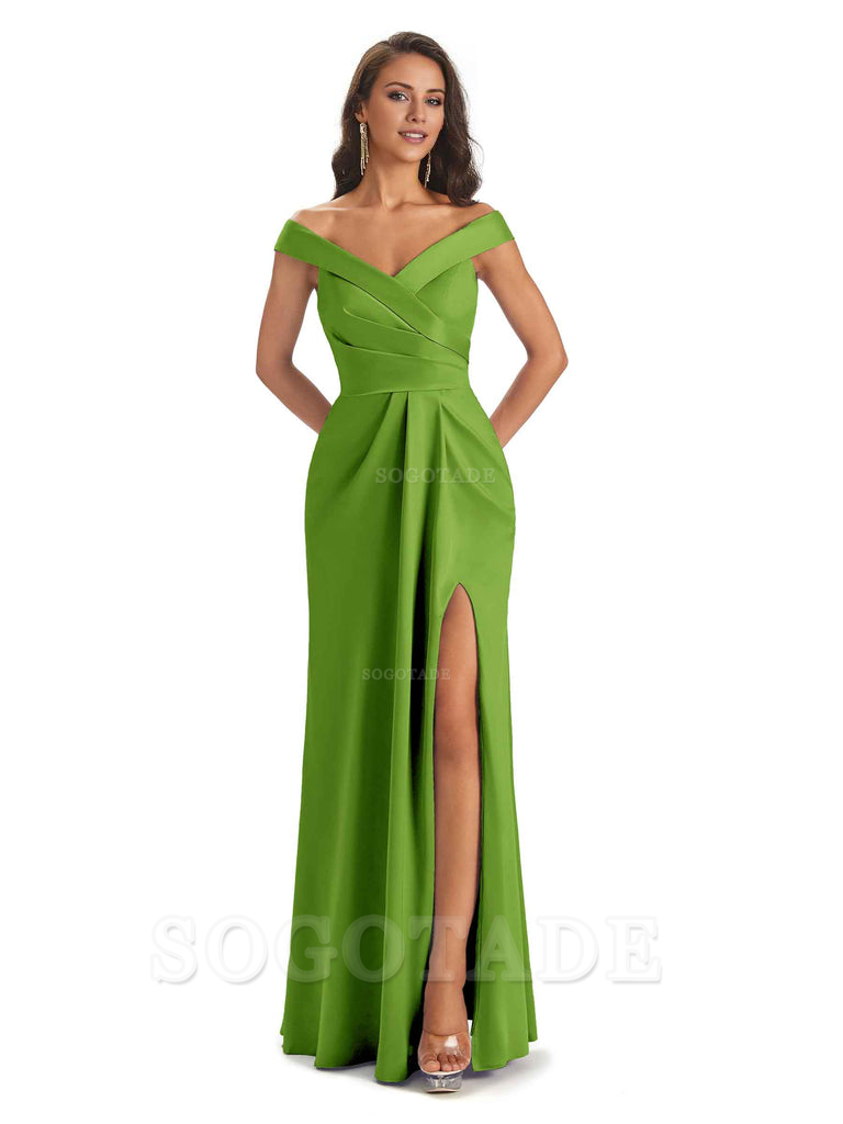 Sexy Soft Side Slit Off Shoulder V-Neck Long Satin Ladies Bridesmaid Dresses Elegant Evening Party Dress