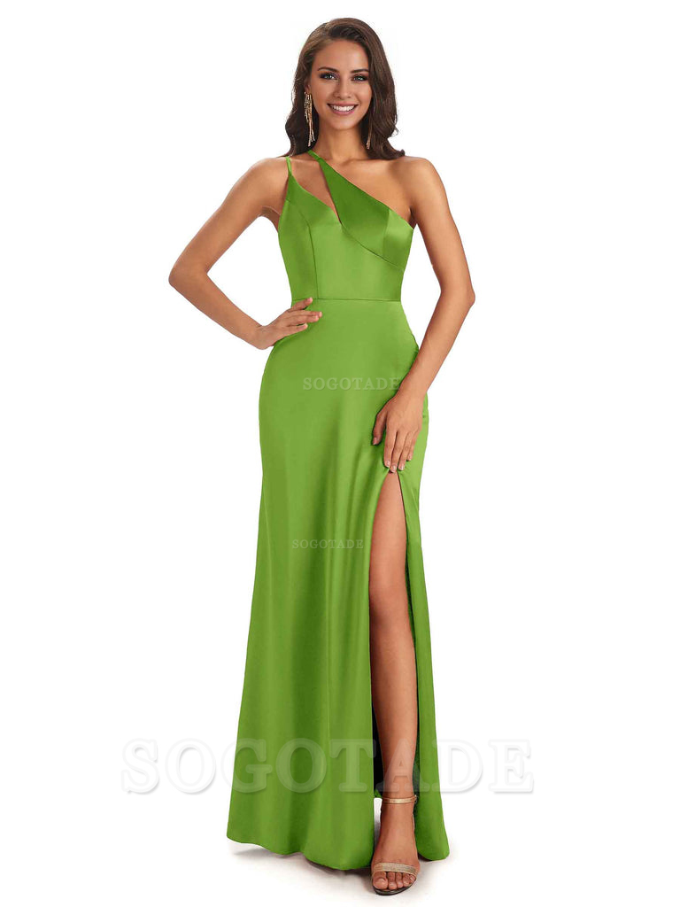 Sexy Soft Satin Side Slit One Shoulder Floor-Length Mermaid Long Bridesmaid Dresses Elegant Evening Party Dress