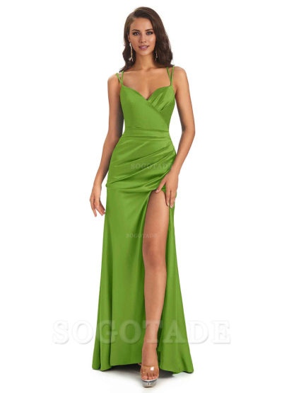 Sexy Soft Satin Side Slit Spaghetti Straps Long Maxi Mermaid Bridesmaid Dresses Elegant Evening Party Dress