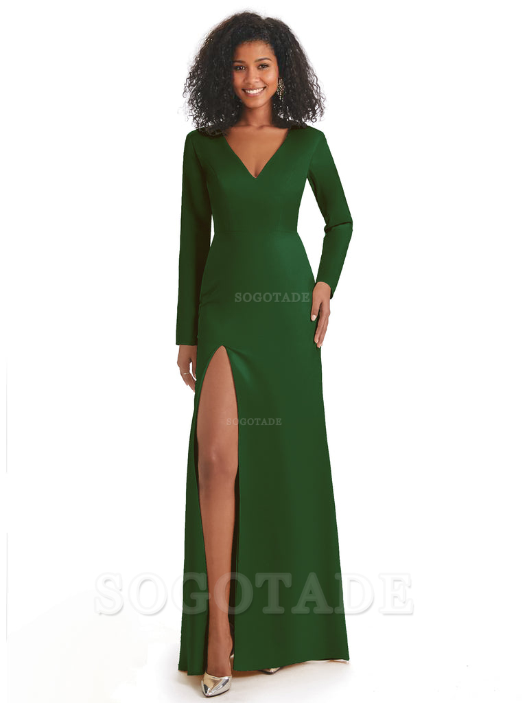 Soft Satin Side Slit Long Sleeves V-Neck Long African Mermaid Bridesmaid Dresses Elegant Evening Party Dress