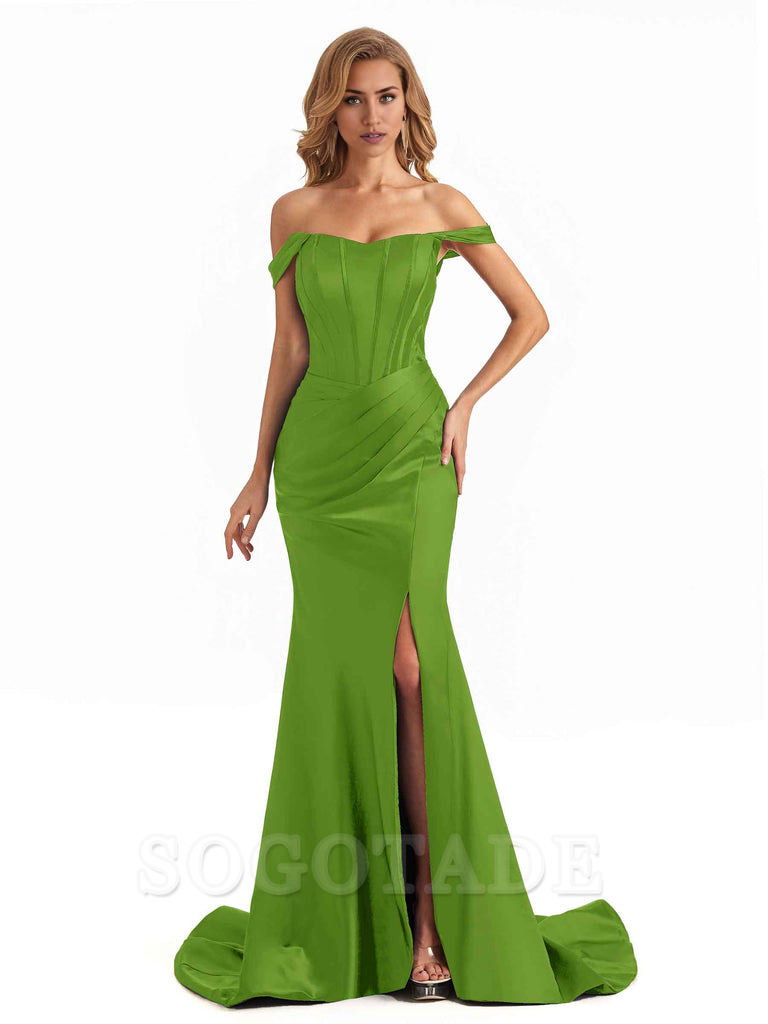 Sexy Long Mermaid Bridesmaid Dresses Off The Shoulder with Side Slit Satin Elegant Evening Party Dress 