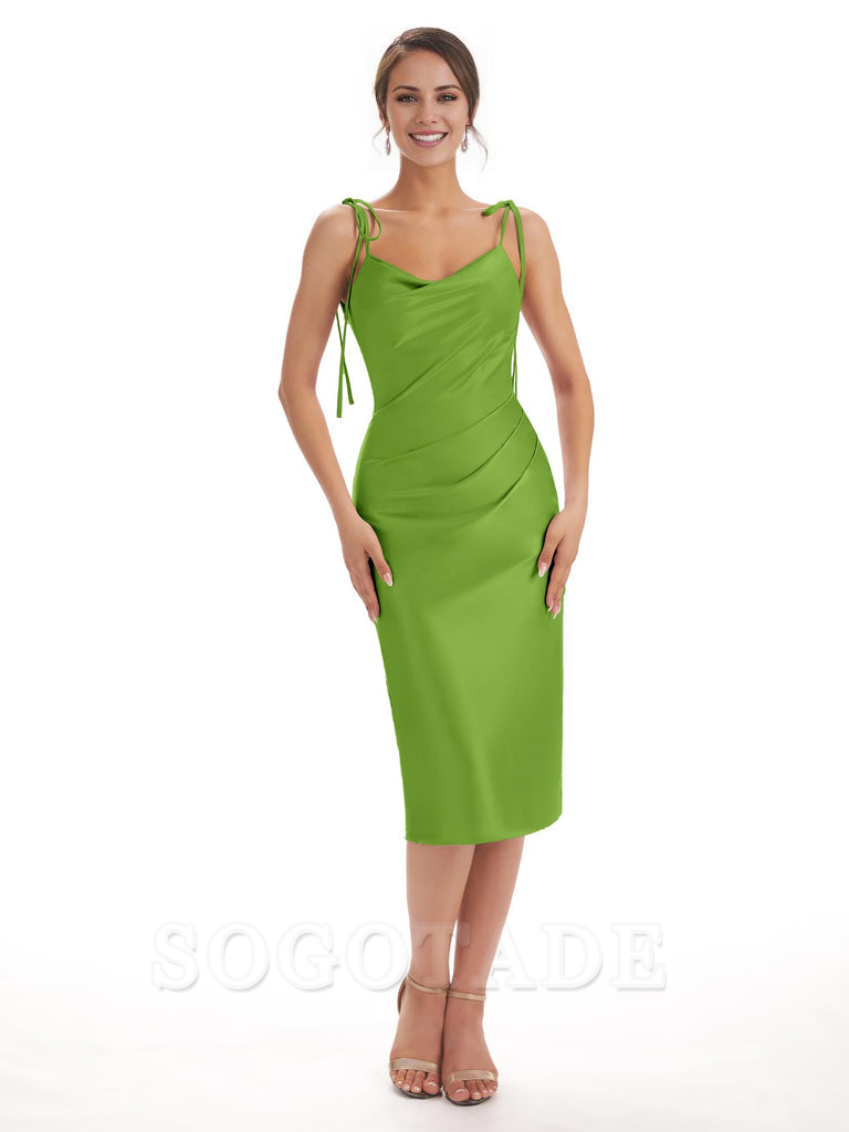 Tea Length Midi Short Bridesmaid Dresses Spaghetti Straps Satin Elegant Evening Party Dress