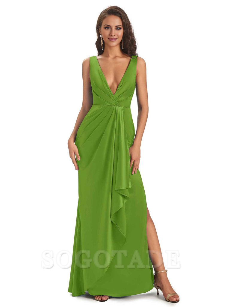 Sexy Satin V-Neck Floor-Length Long Bridesmaid Dresses with Side Slit Elegant Evening Party Dress