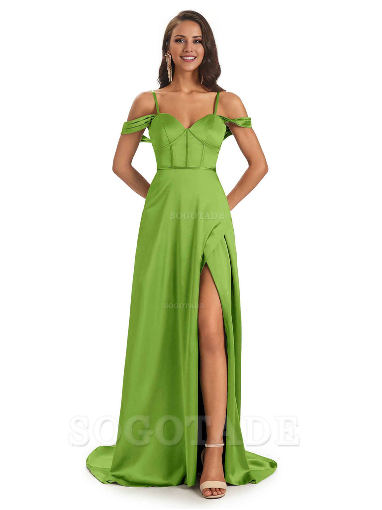 Stylish Soft Satin Side Slit Spaghetti Straps Bridesmaid Dresses Elegant Evening Party Dress