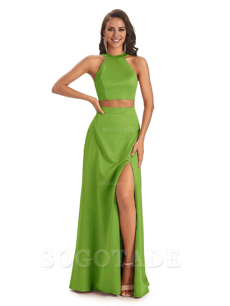Soft Satin Two-Pieces Halter Side Slit Sexy Fashion Bridesmaid Dresses Charming Evening Party Dress
