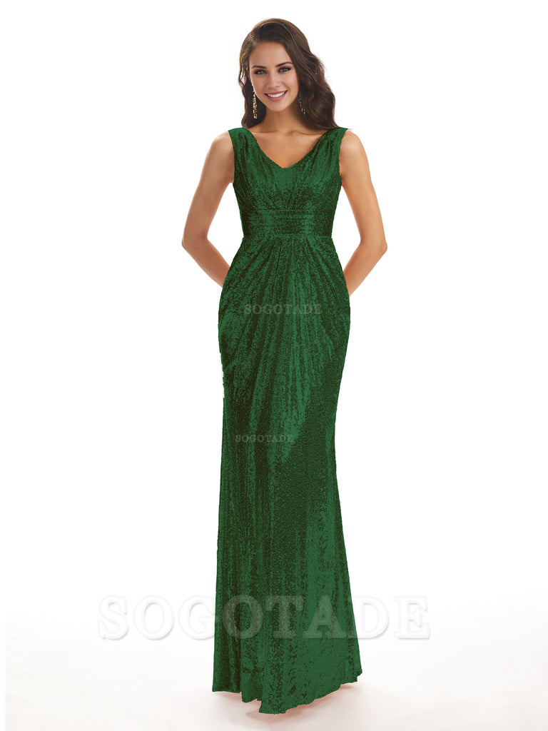 Sparkly V-Neck Sequin Long Mermaid Bridesmaid Dresses Sleeveless Charming Evening Party Dress