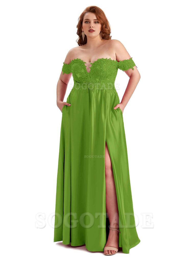 Off Shoulder Side Slit Lace Soft Satin Long Plus Size Bridesmaid Dresses For Wedding