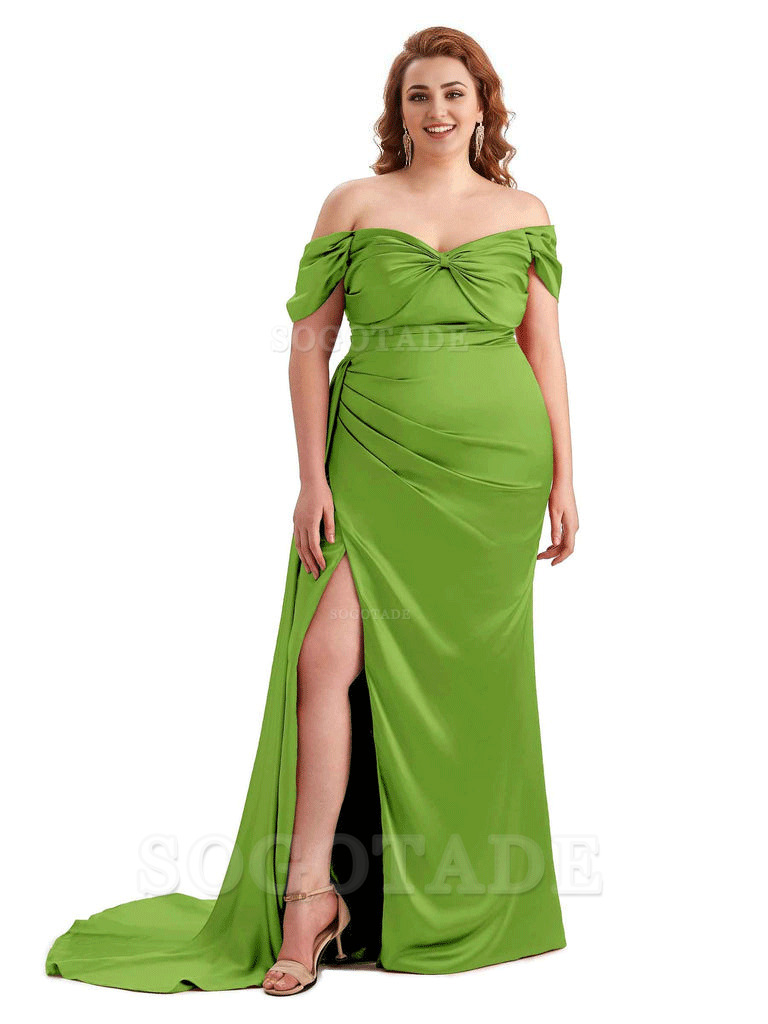  Sexy Side Slit Off The Shoulder Mermaid Soft Satin Long Plus Size Bridesmaid Dress For Wedding