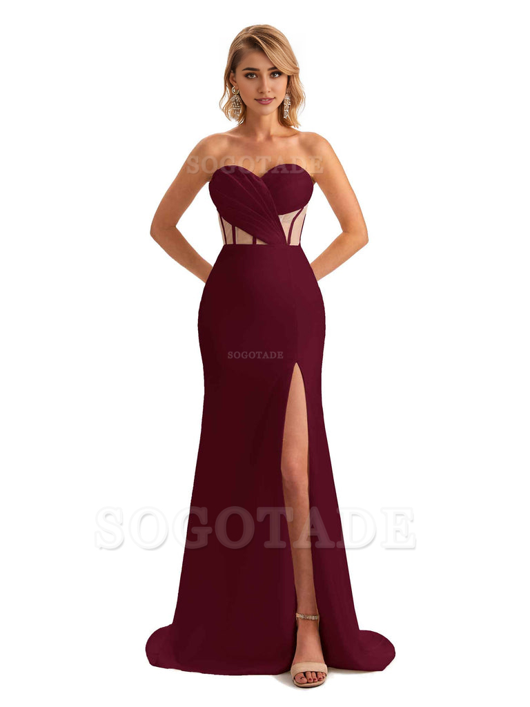 Sexy Sweetheart Strapless Side Slit Mermaid Soft Satin Unique Long Bridesmaid Dress For Wedding
