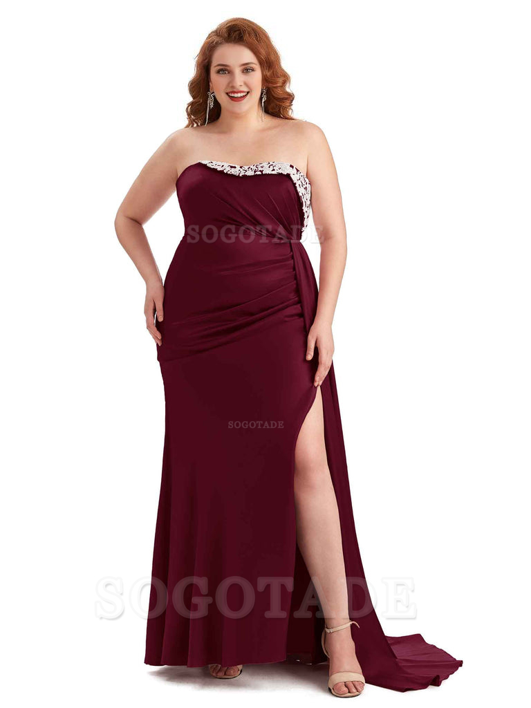 Sexy Side Slit Strapless Mermaid Lace Soft Satin Long Plus Size Maid of Honor Dresses