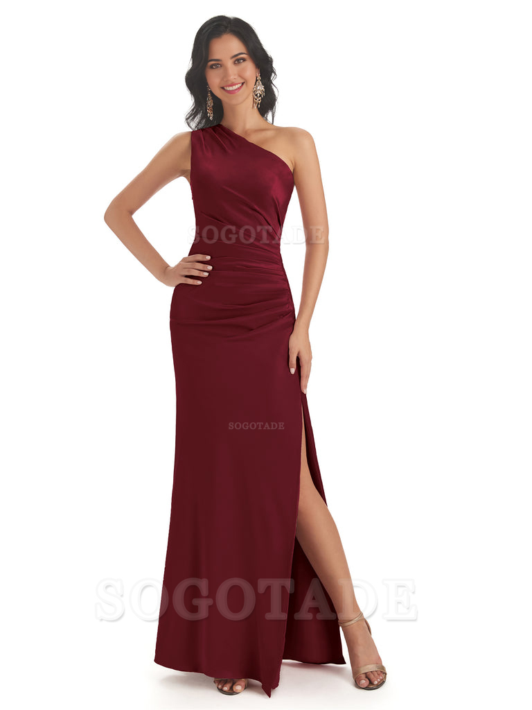 Mermaid One Shoulder Satin formal dresses evening gown Bridesmaid Dresses With Side Slit 