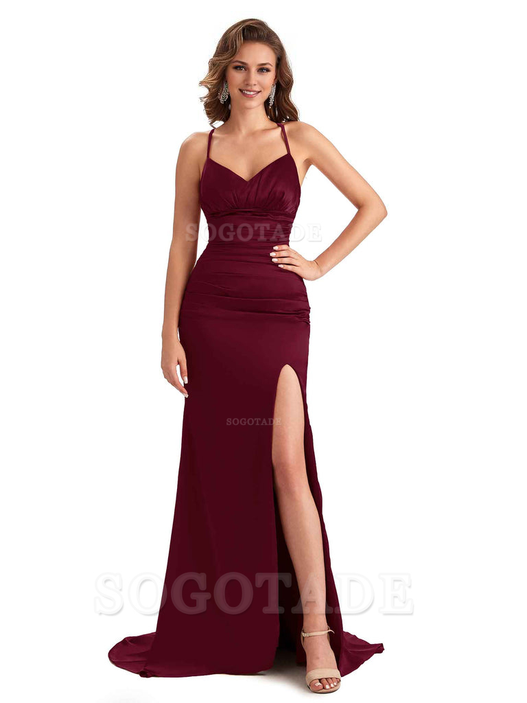 Sexy Mermaid Silky Satin Side Slit One Shoulder Unique Long Wedding Guest Dresses