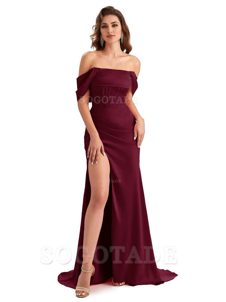 Sexy Side Slit Mermaid Soft Satin Off The Shoulder Unique Long Wedding Attendee Dresses