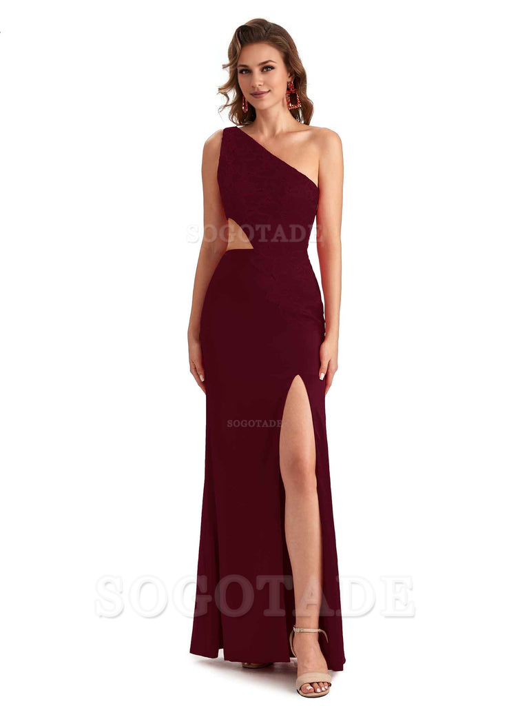 Sexy Side Slit Mermaid Lace Silky Satin One Shoulder Chic Long Bridesmaid Dresses