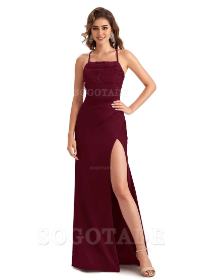 Sexy Side Slit Mermaid Lace Silky Satin Long Wedding Day Guest Dresses