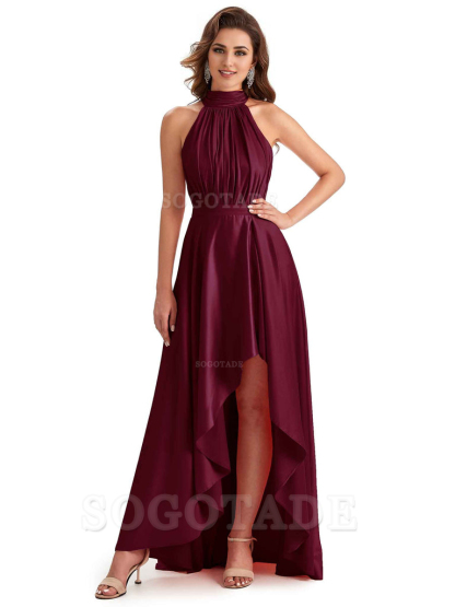 Soft Satin High Neck High Low A-Line Unique Bridesmaid Dresses Online