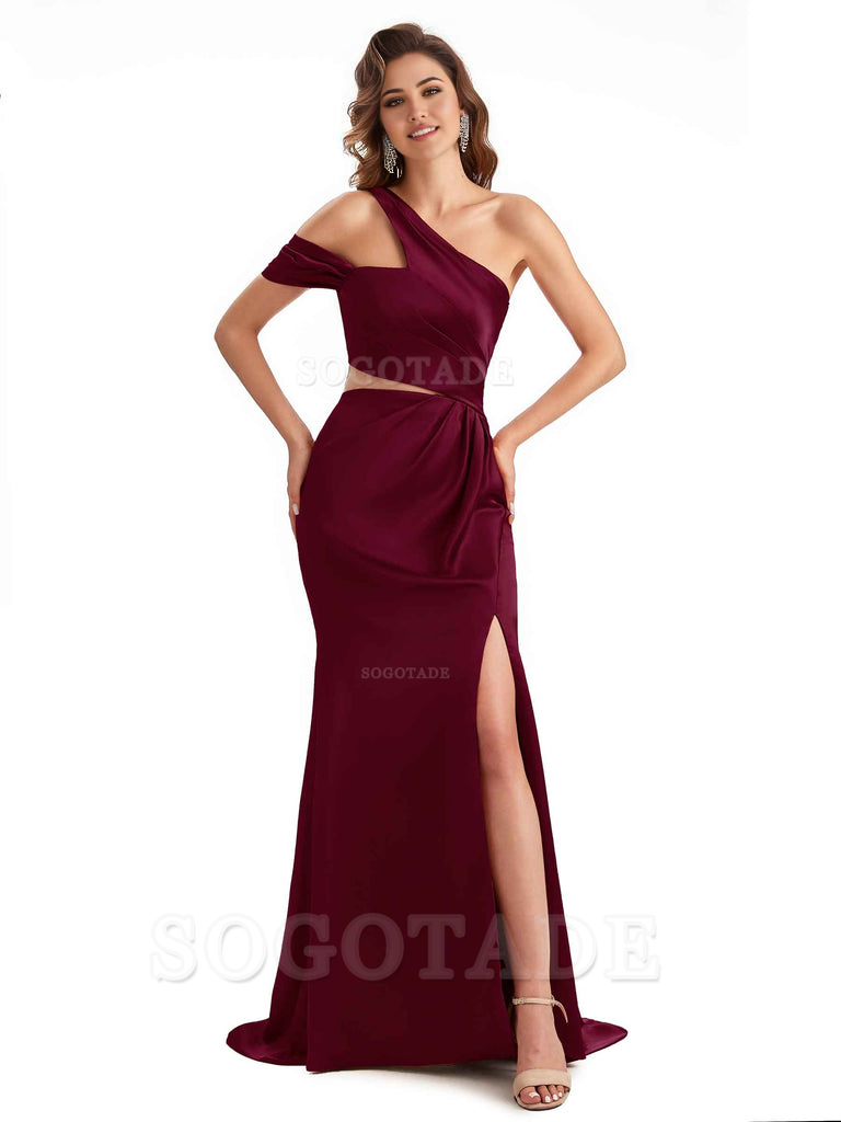 Sexy Side Slit Mermaid Soft Satin One Shoulder Long Unique Bridesmaid Dresses