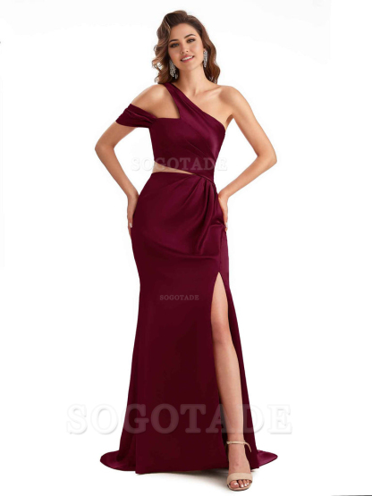 Sexy Side Slit Mermaid Soft Satin One Shoulder Long Unique Bridesmaid Dresses