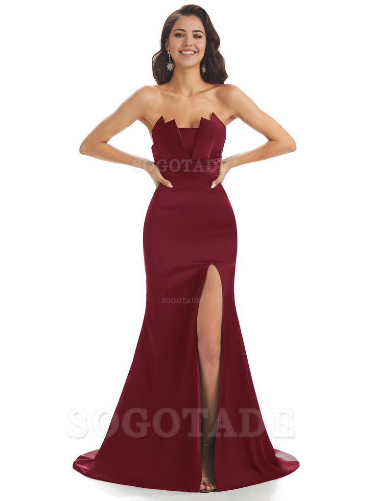 Mermaid sleeveless Satin formal dresses evening gown Bridesmaid Dresses With Side Slit 
