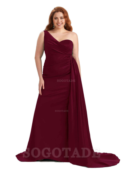 Sexy One Shoulder Sleeveless Mermaid Soft Satin Long Plus Size With Train Bridesmaid Gowns
