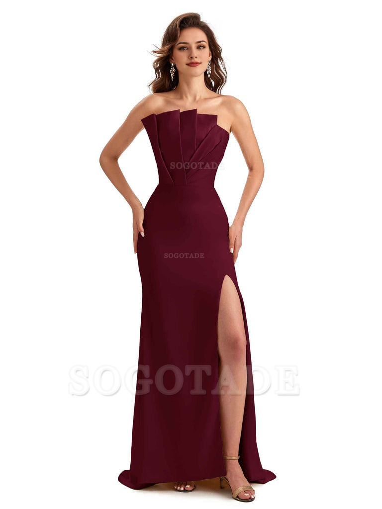 Unique Soft Satin Side Slit Asymmetrical Neckline Mermaid Long Bridesmaid Dresses