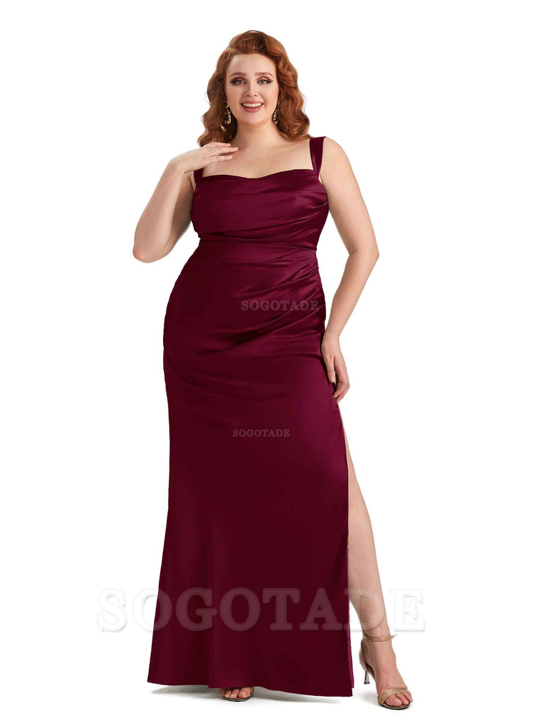 Sexy Side Slit Mermaid Wide Straps Soft Satin Long Plus Size Maid of Bridesmaid Dresses