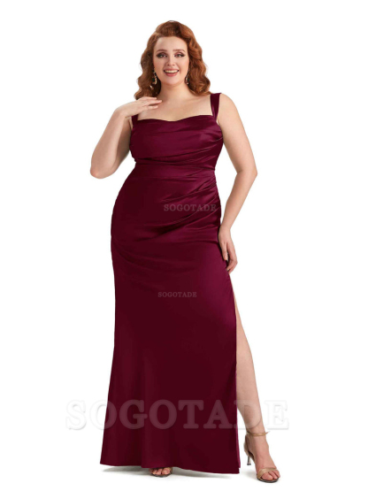 Sexy Side Slit Mermaid Wide Straps Soft Satin Long Plus Size Maid of Bridesmaid Dresses