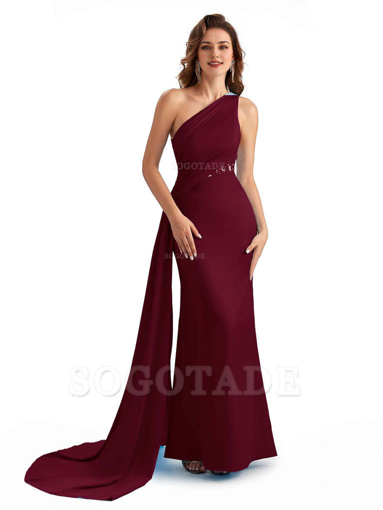 Sexy Mermaid Silky Satin One Shoulder Lace See Through Long Bridesmaid Dresses Online