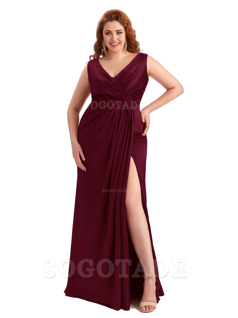 Mermaid V-Neck Satin formal dresses evening gown Bridesmaid Dresses With Side Slit 