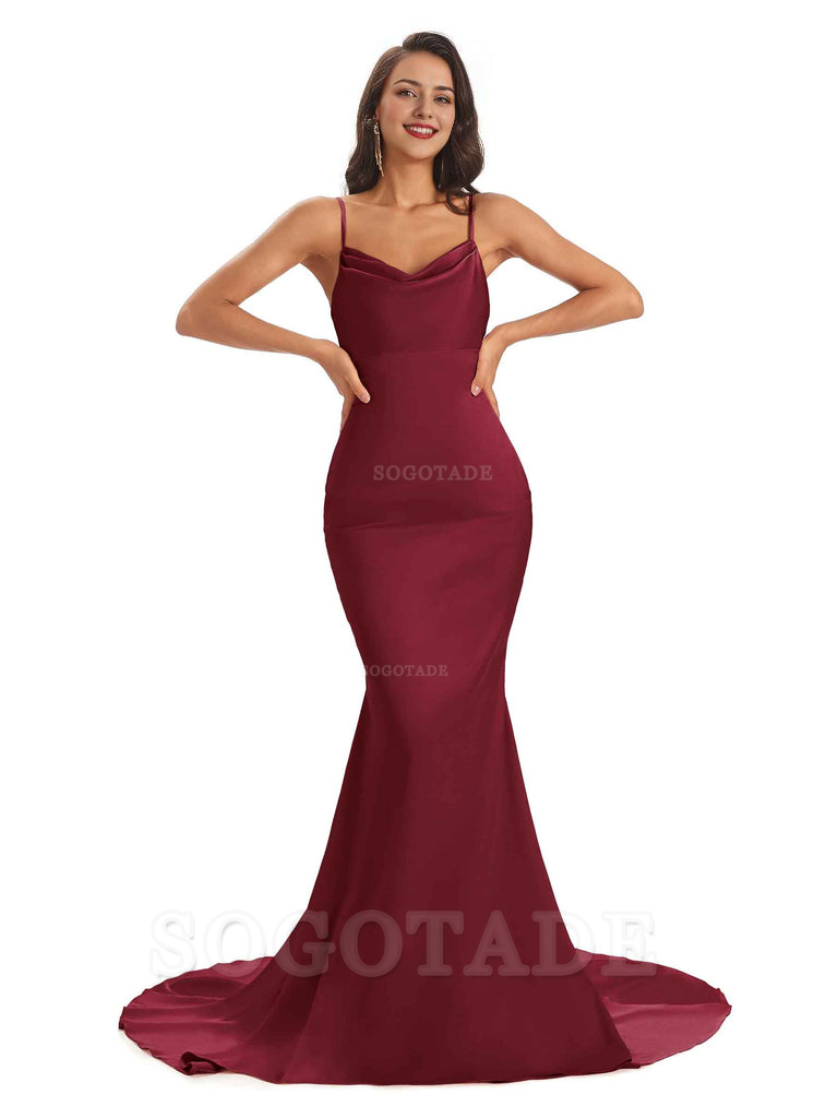Sexy Backles Soft Satin Spaghetti Straps Maxi Mermaid Bridesmaid Dresses Online prom shop dresses