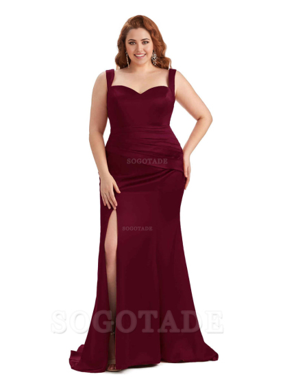 Sexy Side Slit Sleeveless Mermaid Straps Soft Satin Long Plus Size Maid of Bridesmaid Dresses