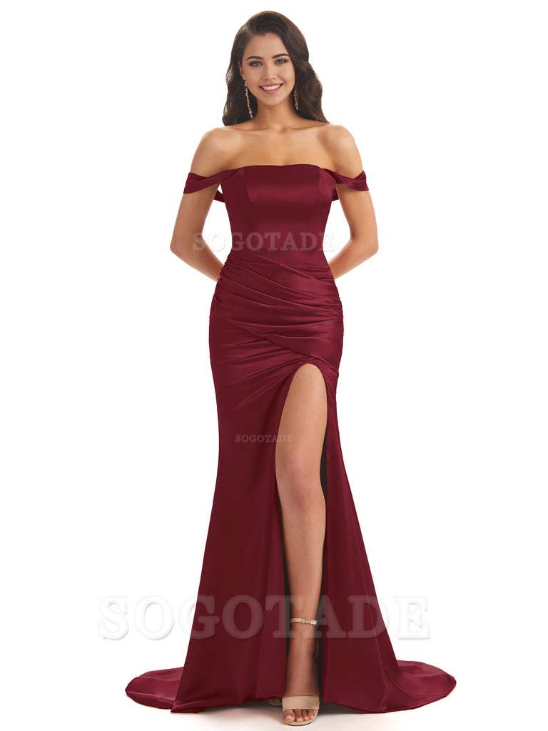 Mermaid Off Shoulder Floor-Length Satin formal dresses evening gown Bridesmaid Dresses With Side Slit 