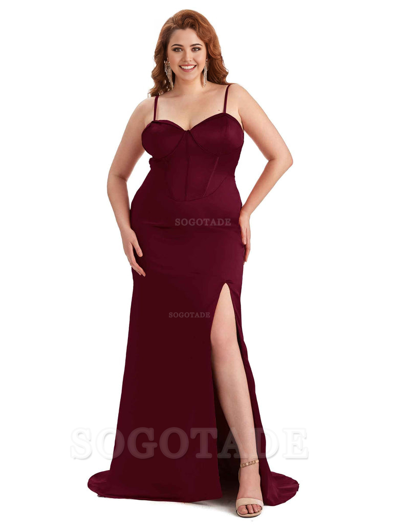 Sexy Spaghetti Straps Side Slit Sleeveless Mermaid Soft Satin Long Bridesmaid Dress Plus Size Dress To Wear to a Wedding