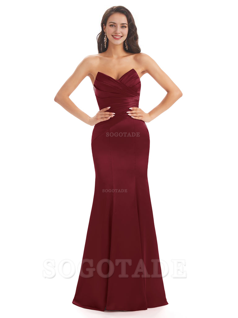 Simple Strapless Sweetheart Soft Satin Mermaid Long Bridesmaid Dresses prom shop dresses